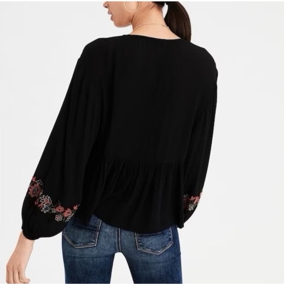 American Eagle Woman Black Embroidered Balloon Sleeve Top SMALL Boho Whimsigoth - Picture 2 of 10